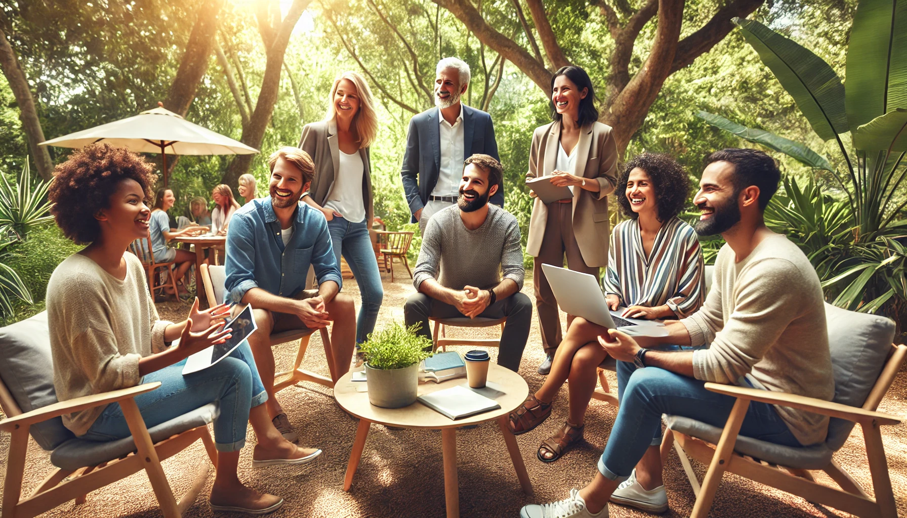 Un grupo diverso de emprendedores dinámicos en sus 40s y 50s colaborando al aire libre en un entorno natural, sentados en sillas cómodas y de pie alrededor de una mesa. Están sonrientes y entusiasmados, sosteniendo laptops y cuadernos, participando activamente en una discusión. El ambiente refleja conexión, bienestar y propósito, con luz natural y una atmósfera relajada y profesional, creando una red de networking