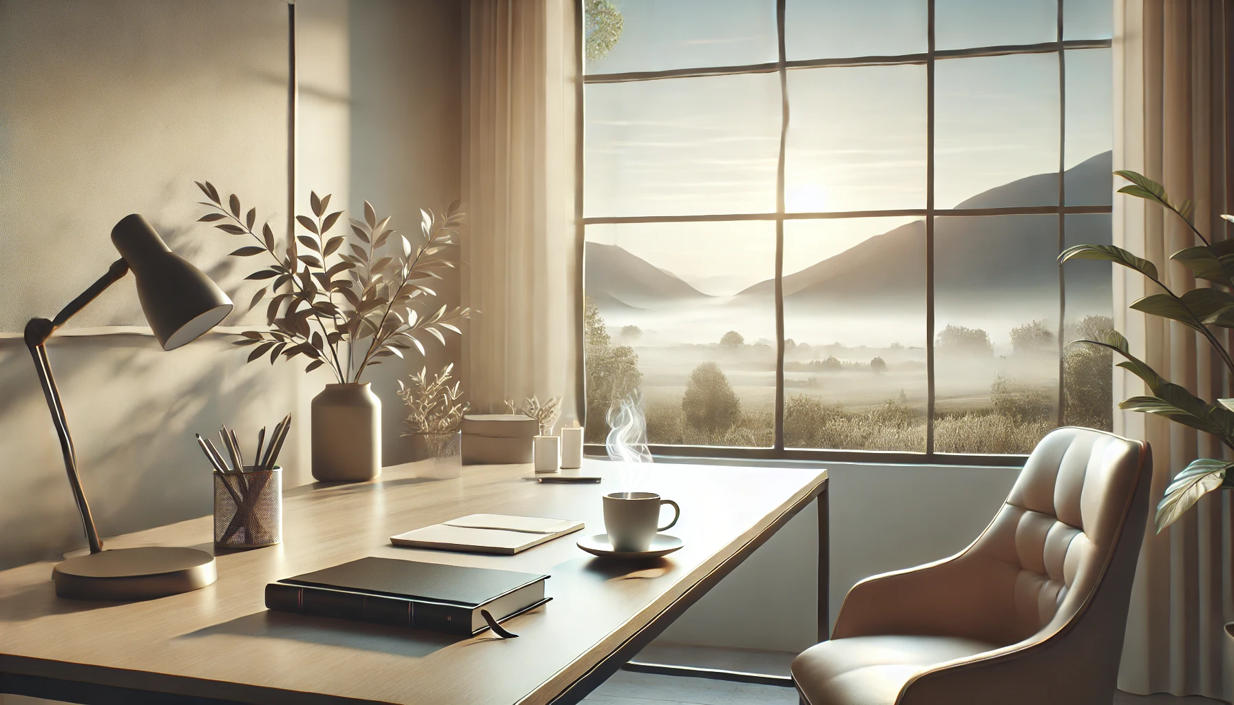 A realistic serene office space with a modern desk, a journal, and a steaming cup of coffee. Large undistorted windows showcase a peaceful landscape with trees and soft sunlight, creating a calm and motivational atmosphere.